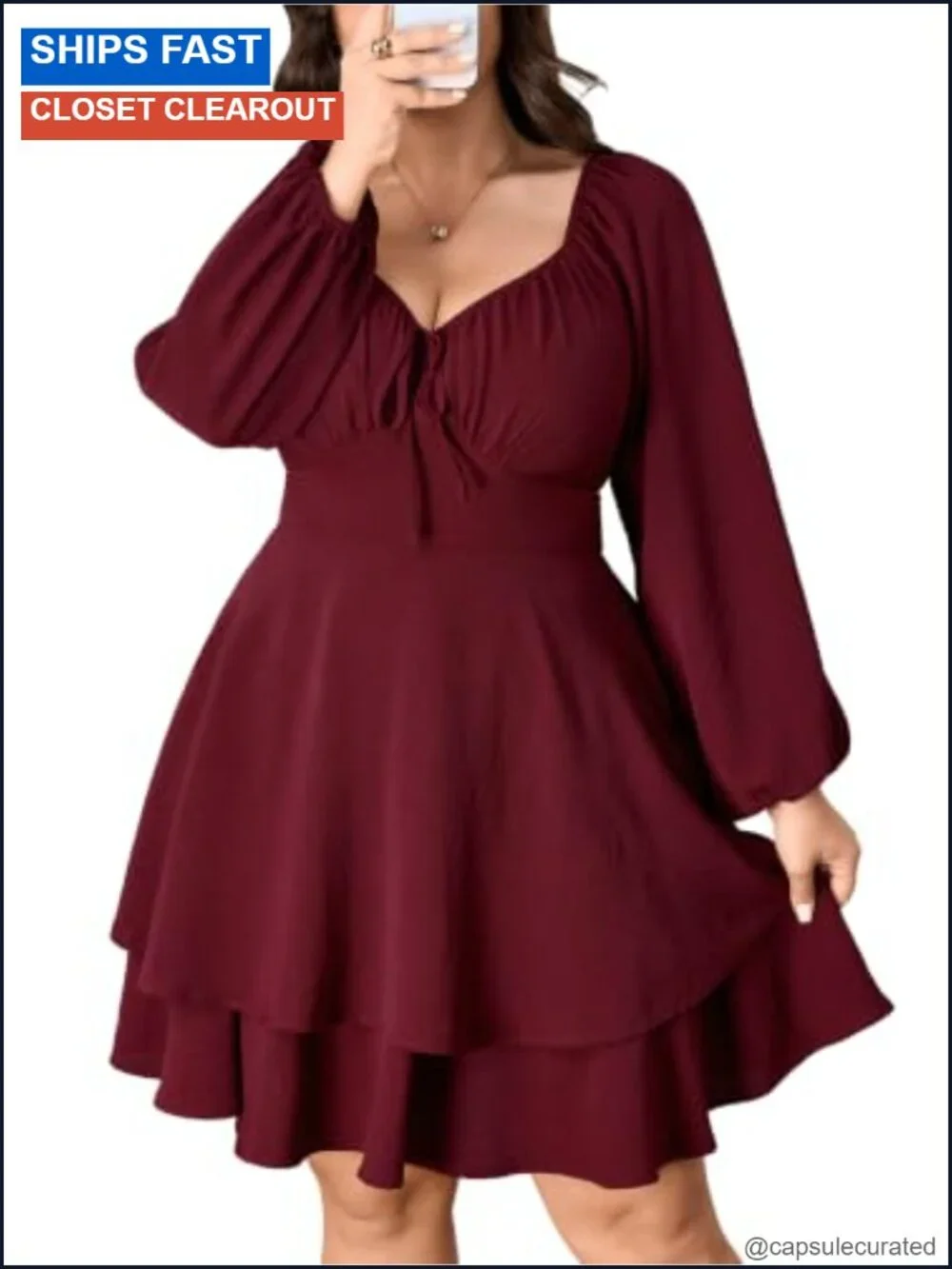 Women's Plus Size Long Sleeve Tiered Mini Dress Sweetheart Neck A-Line